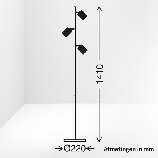 Technische tekening van een witte staande lamp met drie koperkleurige spots.