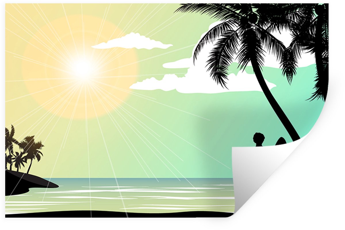Muurstickers - Sticker Folie - Zee - Surfen - Zon - Palmboom - 60x40 cm - Plakfolie - Muur