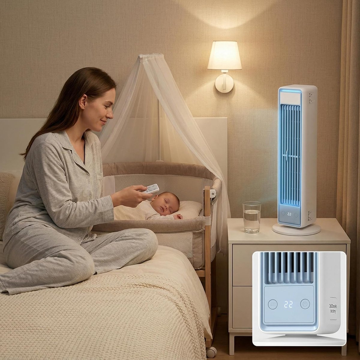 VHV - Torenventilator - Ventilatoren - Kolomventilator - Ventilator met afstandsbediening - Zonder bladen - Oscillerend - Stil - Compact - Voor slaapkamer, woonkamer en kantoor - 12x12x36 cm - Wit – foto 5