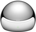 Zilverkleurige, ovale oplaadcase van Huawei met een glanzende afwerking en een groen LED-lampje.
