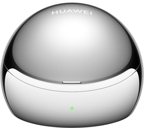 Zilverkleurige, ovale oplaadcase van Huawei met een glanzende afwerking en een groen LED-lampje.