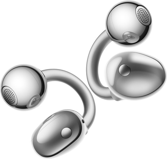 Twee zilverkleurige oordopjes, elk met een gebogen steel en bolvormige uiteinden met luidsprekerrooster.