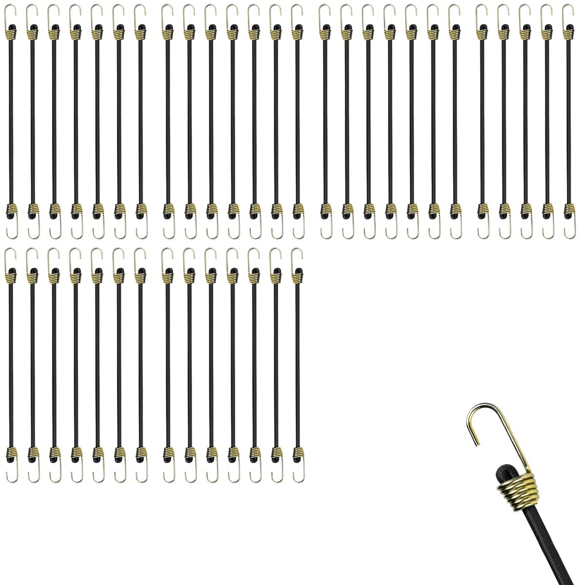 koord mini set 40 stuks – 24cm lange gehaakte spanband – 4mm dik – verstelbaar elastiek met haken – zwart – ideaal voor kamperen, opslag, tuin, reizen