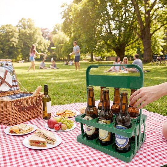 plastic flessenhouder voor 6 flessen, drankdrager met handvat en stevige houder, herbruikbare flessenmand voor transport, picknicks, feestjes, keuken, groen — afbeelding 3
