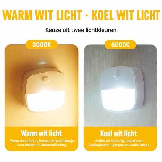 Een nachtlampje in warm wit licht (3000K) en koel wit licht (6000K).