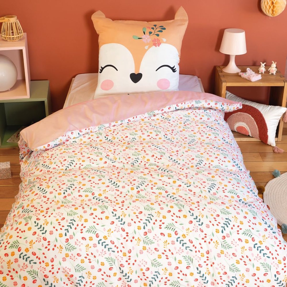 DECO Beddengoed voor kinderen, 140 x 200 cm, dekbedovertrek 140 x 200 cm + 1 kussensloop 63 x 63 cm, motief hertenmotief, roze en blauw, beddengoedset van microvezel