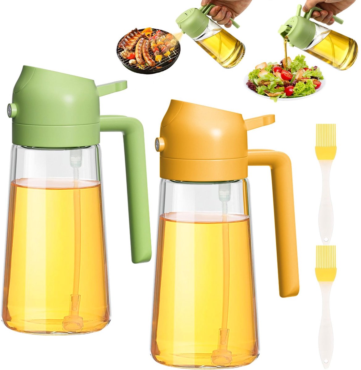 2-in-1 Oliespray, 470ml Olijfolie Dispenser voor Airfryer, Keuken, Barbecue en Salade - 2 Stuks (Groen en Oranje)