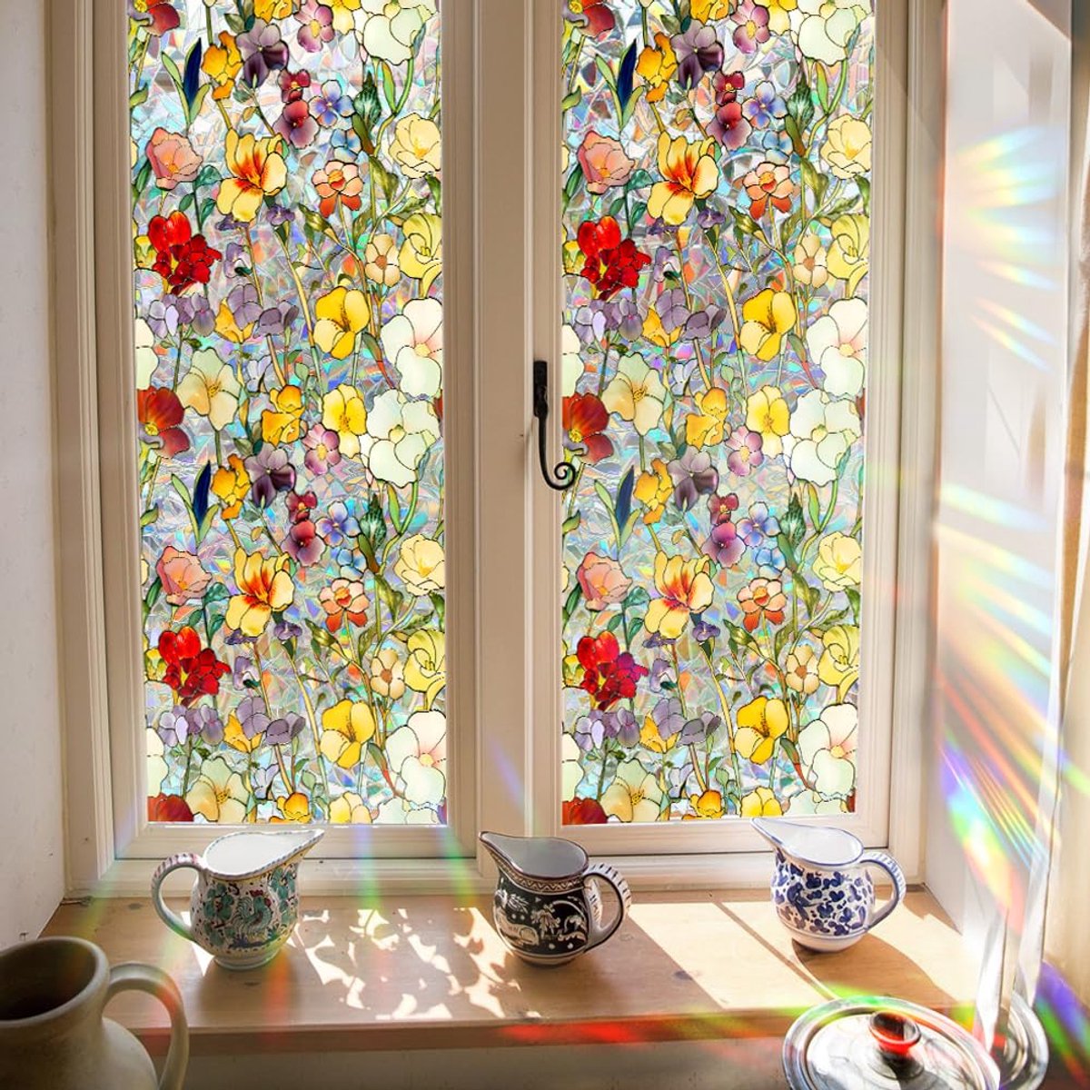 Raamstickers - Raamstickers Bloemen - Raamfolie Voor Privacy - Glas-In-Lood Raamsticker - Retro Regenboog Bloemen- En Plantenmotief - Voor T