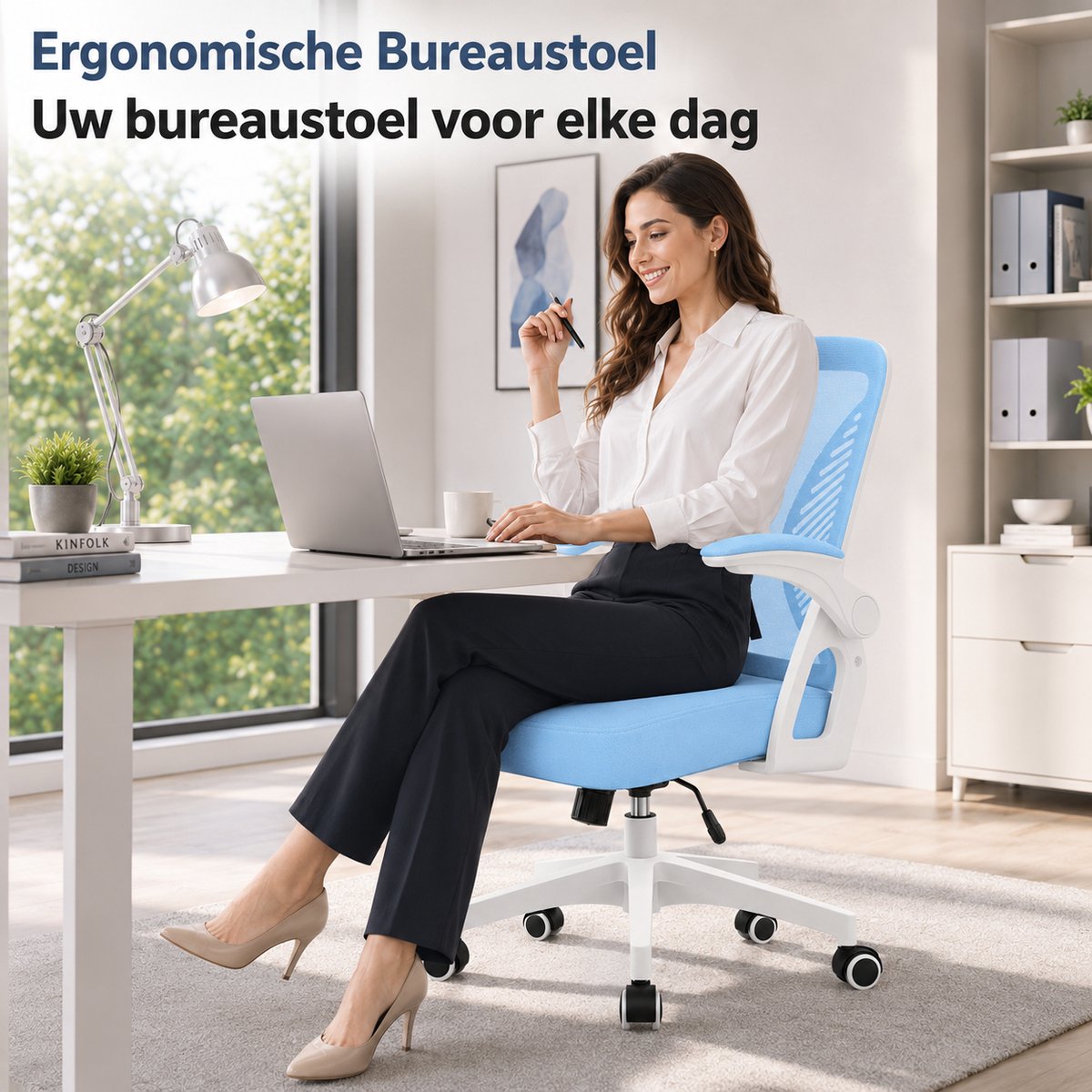 Milacyee Bureaustoel - Ergonomische Bureaustoel – Verstelbare Gaming/Computerstoel met Mesh Rug & Lendensteun – 90° Opklapbare Armleuningen – Directiestoel met Stille Wieltjes – Tot 130 kg Belasting - blauw - Geschikt voor thuiswerk en kantoor – foto 8