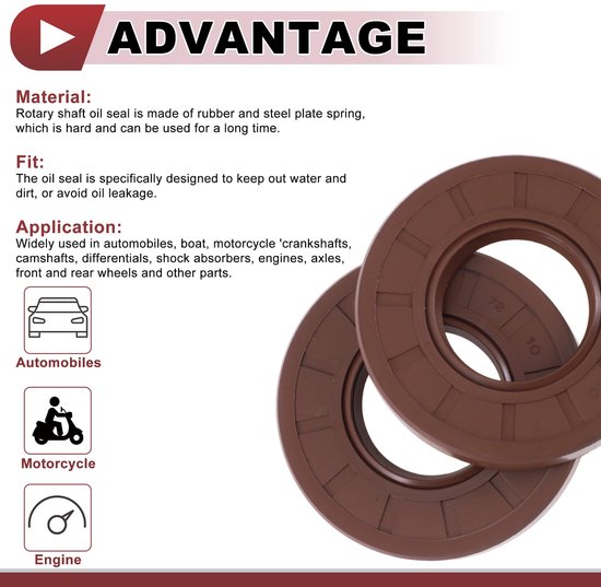 olieafdichting, TC afdichtring, roterende asafdichting, 35 x 72 x 10 mm, hoge druk, rubber, FKM, bruin, 2 stuks — afbeelding 3