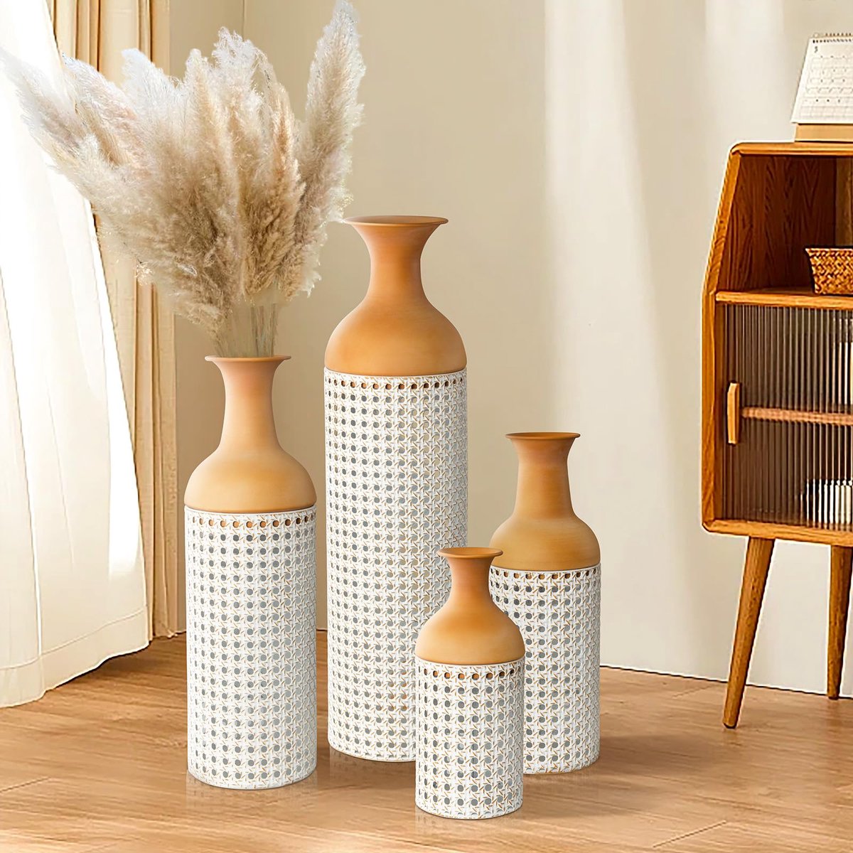 Set van 4 metalen grote vloervazen, 68/50/40/30cm hoge metalen gigantische staande vaas voor woonkamer open haard hal hoek kantoordecoratie (wit en geel)