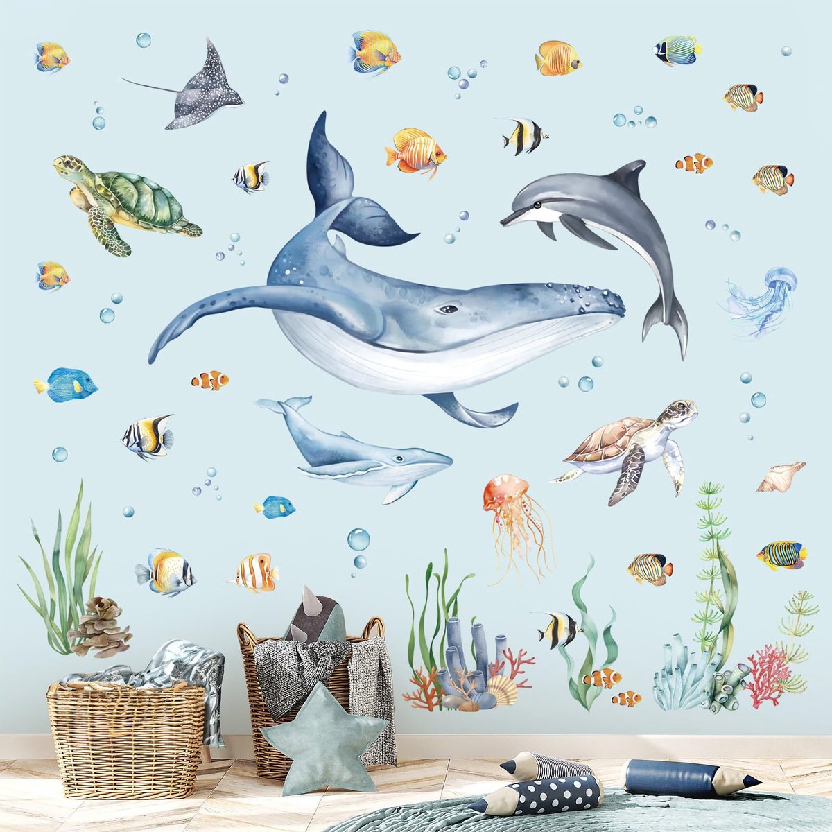 decalmile Muurtattoo Onder de Zee Wal Muursticker Onderwaterwereld Dolfijn Zeeschildpad Oceaan Muursticker Babykamer Badkamer Kinderkamer Wanddecoratie