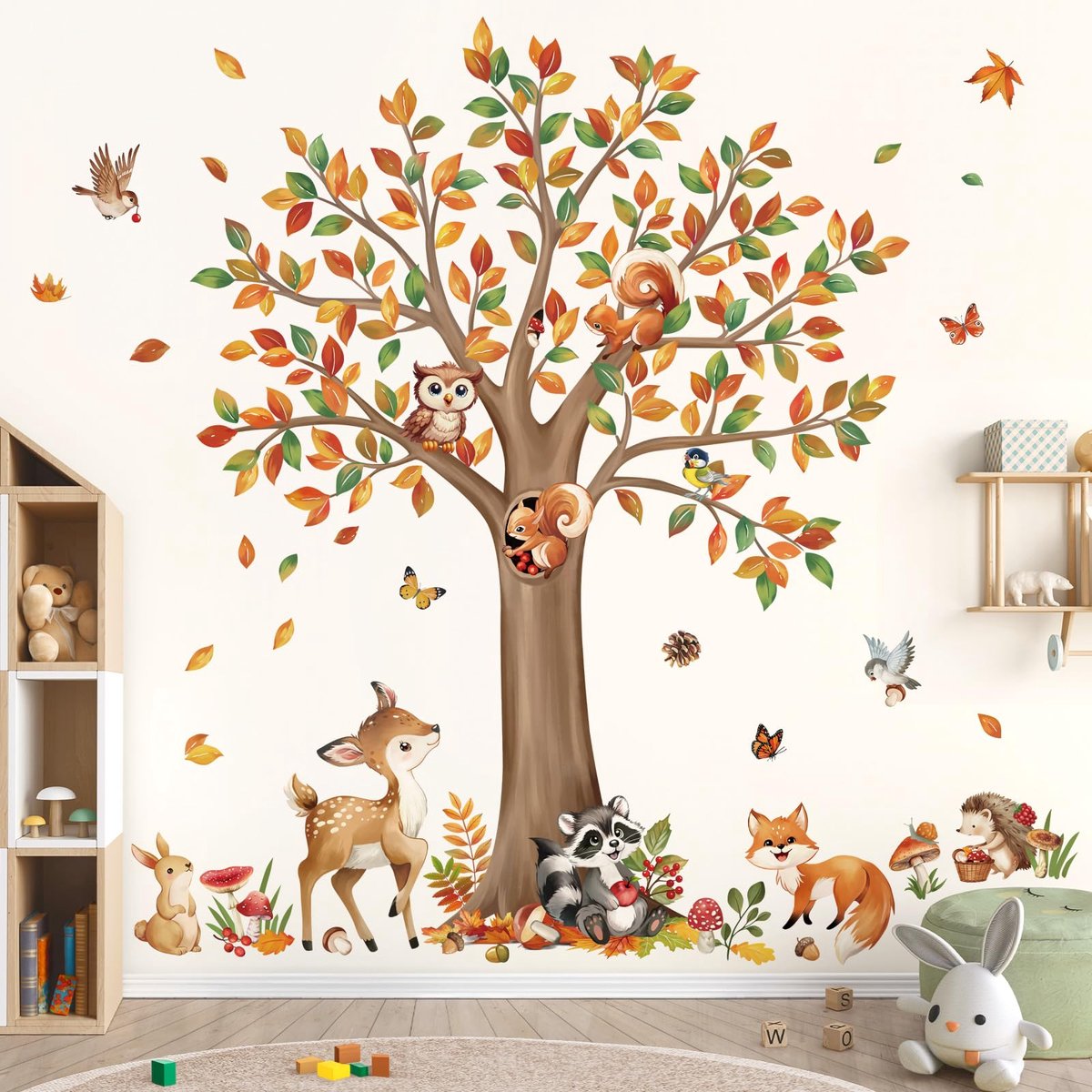 decalmile Bos Dieren Herfst Grote Boom Muurstickers Herten Wasbeer Uil Muurstickers Baby Kwekerij Kinderen Slaapkamer Woonkamer Muur Decor