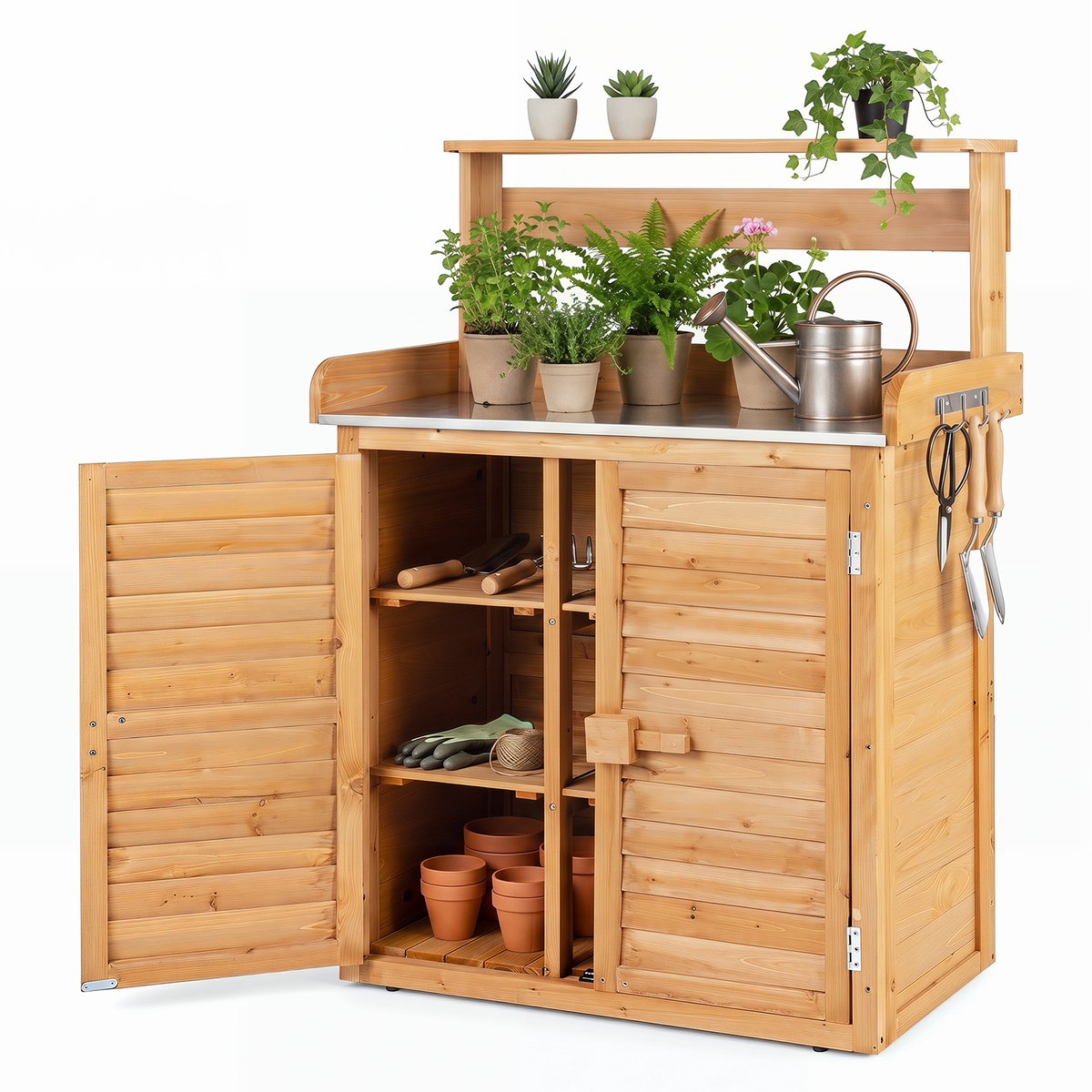 COSTWAY Weerbestendige tuintafel met onderkast, houten bloementafel, werkblad en afneembare planken, 87 x 45 x 120 cm