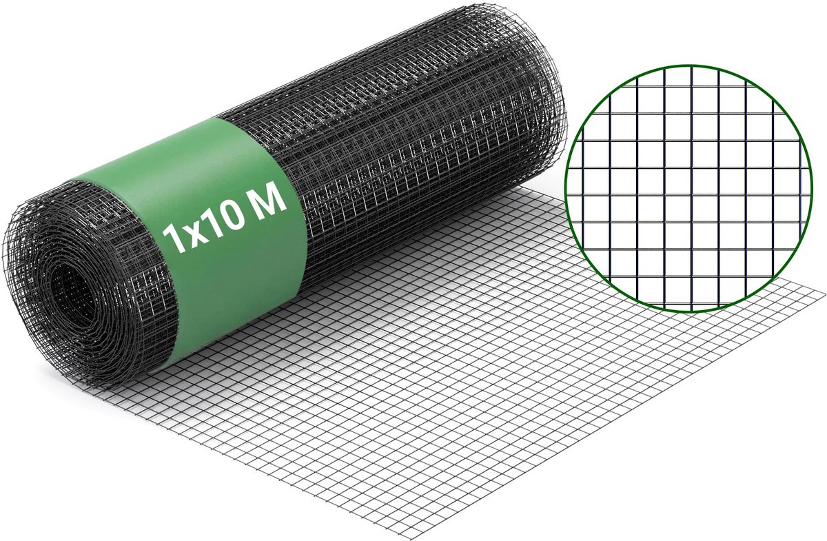 Zwart maasgrootte 12x12 mm, 10 m rol 100 cm hoog, verzinkt staal gaas