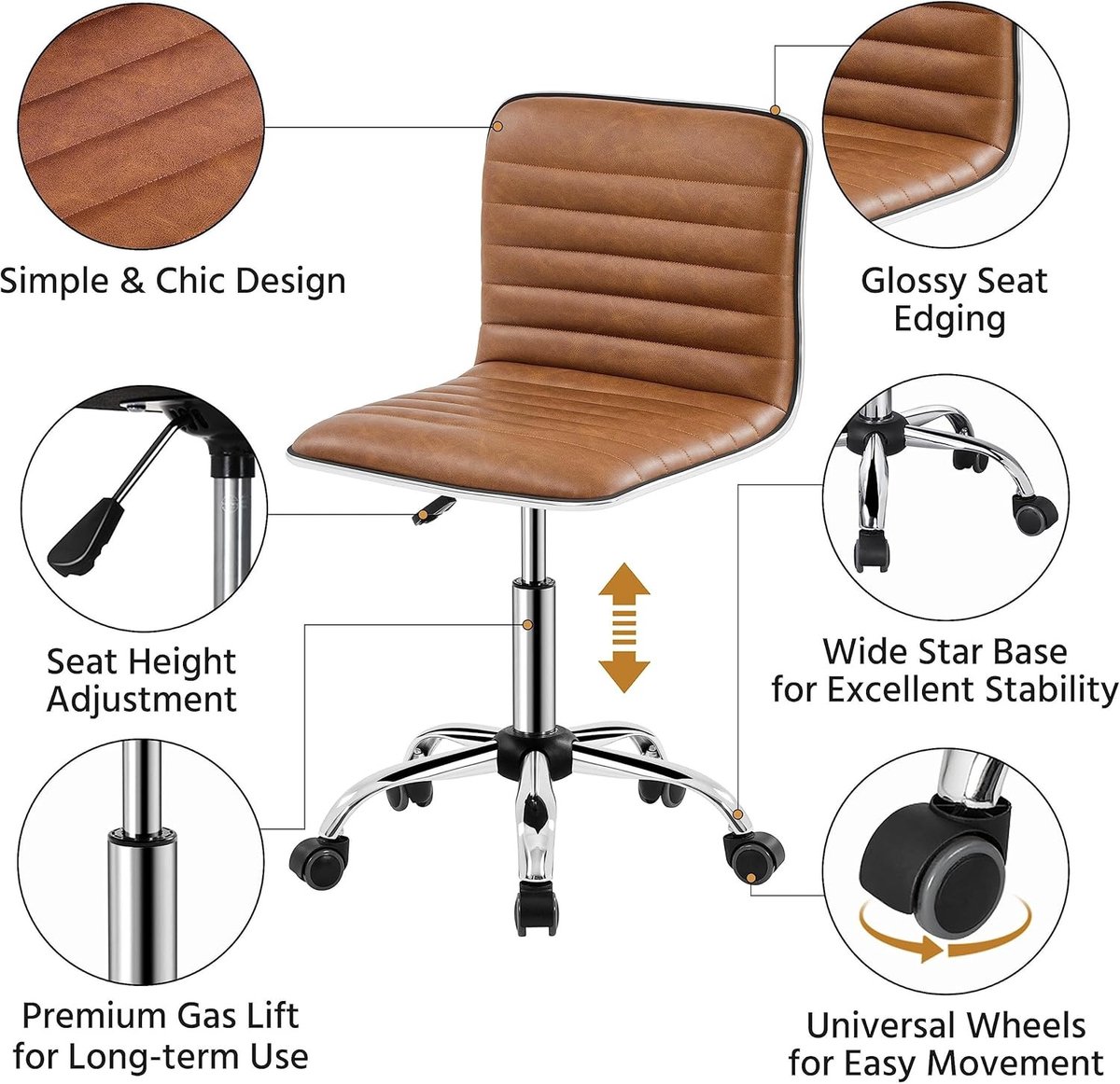 Bureaustoel Ergonomisch - In Hoogte Verstelbare Bureaustoel zonder Armleuningen - Comfortabele PU Leren Bureaustoel met Wielen - Voor Thuiswerkplek, Kantoor en Studie - Werkstoel, Computerstoel, Kantoorstoel thumbnail 5