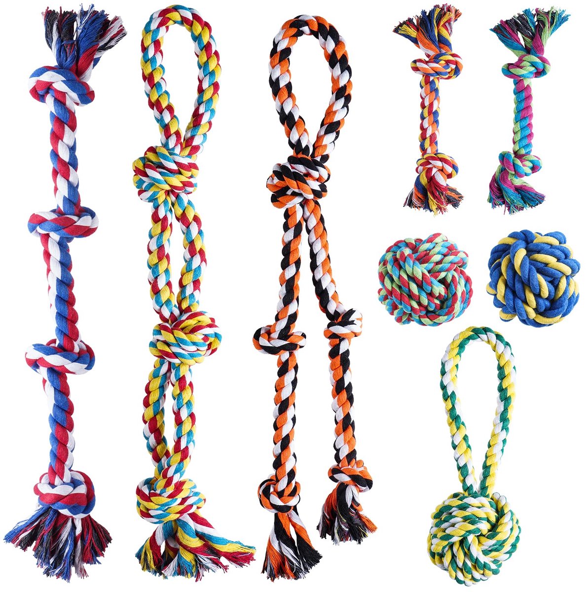 8 stuks hondenspeelgoed, knooptouw, hondenspeelgoed, onverwoestbaar voor grote en middelgrote honden, hondenspeelgoed, grote honden voor het reinigen van tanden, 5 knopen, 100% katoen, 95 cm,