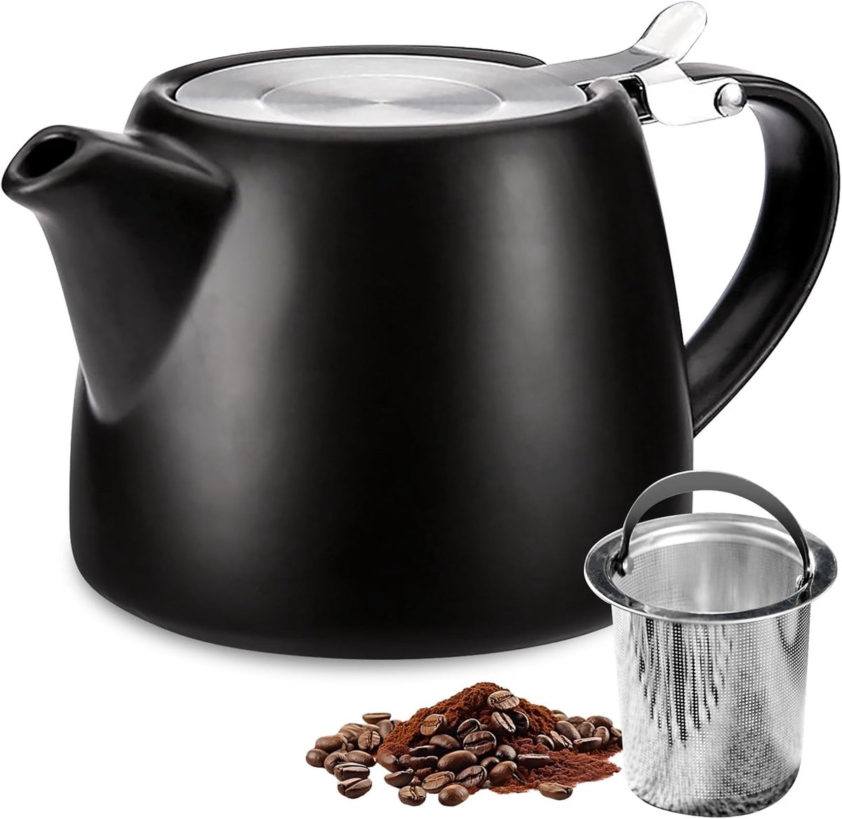 500 ml porseleinen kan, dubbelwandige theepot met deksel, hendel en roestvrijstalen theezeef, porseleinen koffiekan, druppelvrije keramische theepot voor koffie en thee, semi-glans zwart