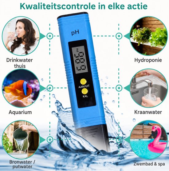 Blauwe digitale pH-meter in een waterplons. Omringd door afbeeldingen van drinkwater, hydrocultuur, kraanwater, zwembad/spa, aquarium en bronwater.