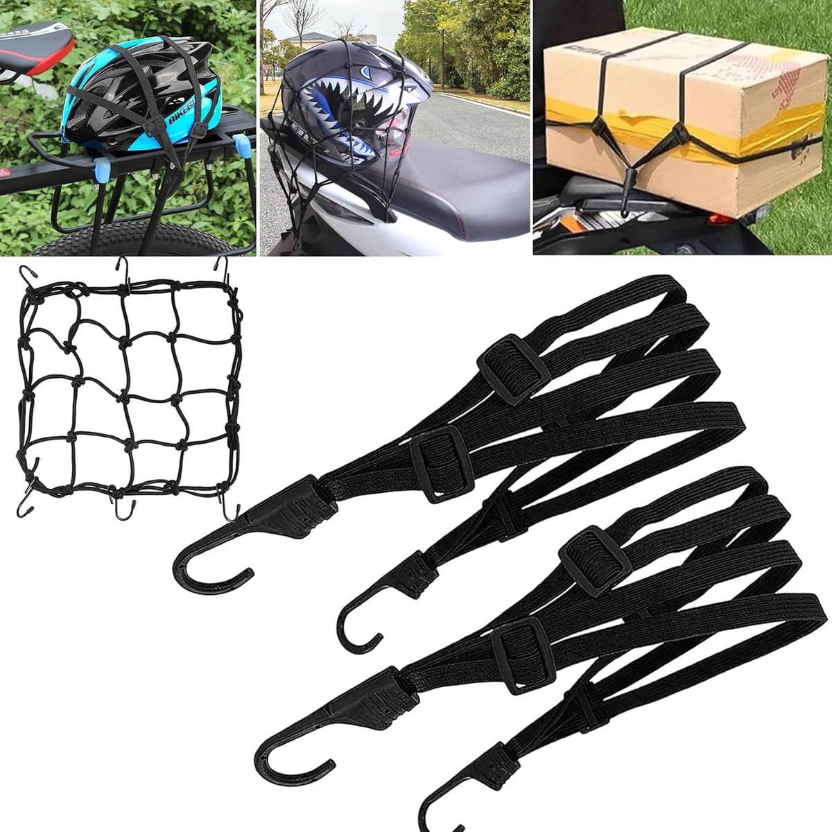 Spanband voor fiets, bagagespanner,rubberen spanner, elastisch, bagagenet, elastisch, 3-in-1 rubberen spanner, expander met haak, verstelbaar, elastisch, voor fietsendragers en motorfietsendragers