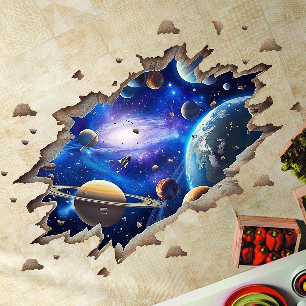 3D vloerstickers heelal, wandtattoo, melkwegstelsel, 89 x 58 cm, universum wanddecoratie voor kinderkamer, woonkamer, slaapkamer, keuken (universum B)