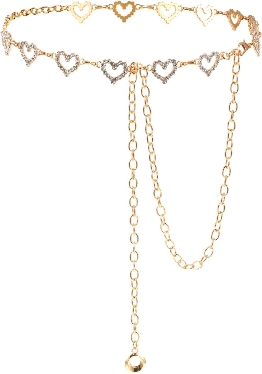 metalen riem voor dames, kristallen glitterriem, hart, tailleketting voor dames, verstelbare riem, meisjes, damesriem, metalen kettingriem voor jurk, jeans, broek, perzik, harthanger