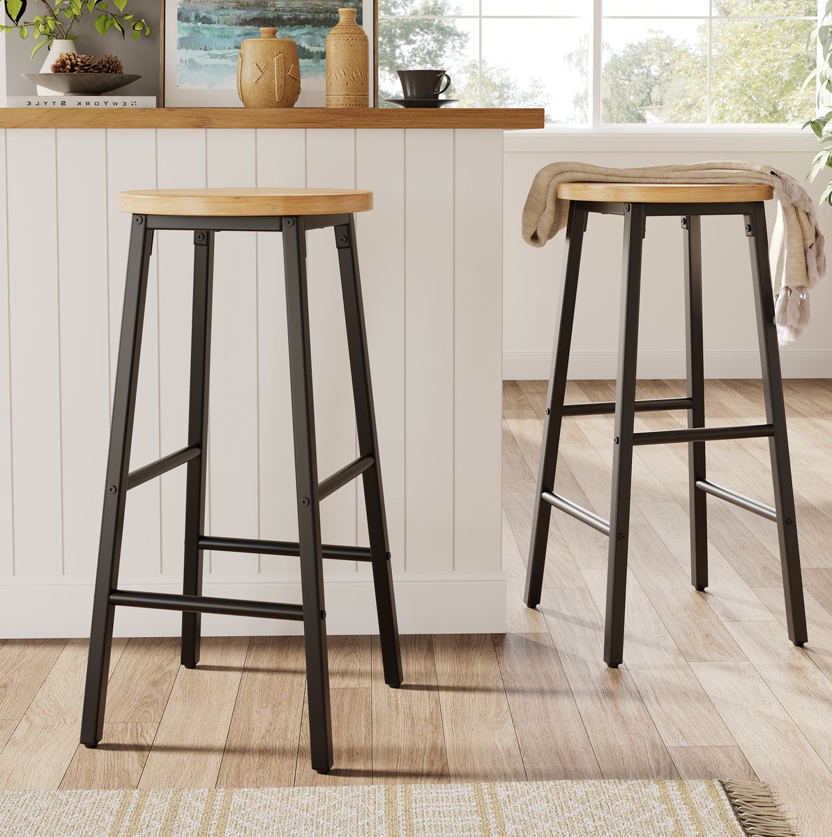 MIVRAY Barkruk 63 cm - Set Van 2 Met Houtlook Zitting En Verstelbare Voetdoppen - Voor Keukeneiland En Bartafel - MDF Metaal Zwart