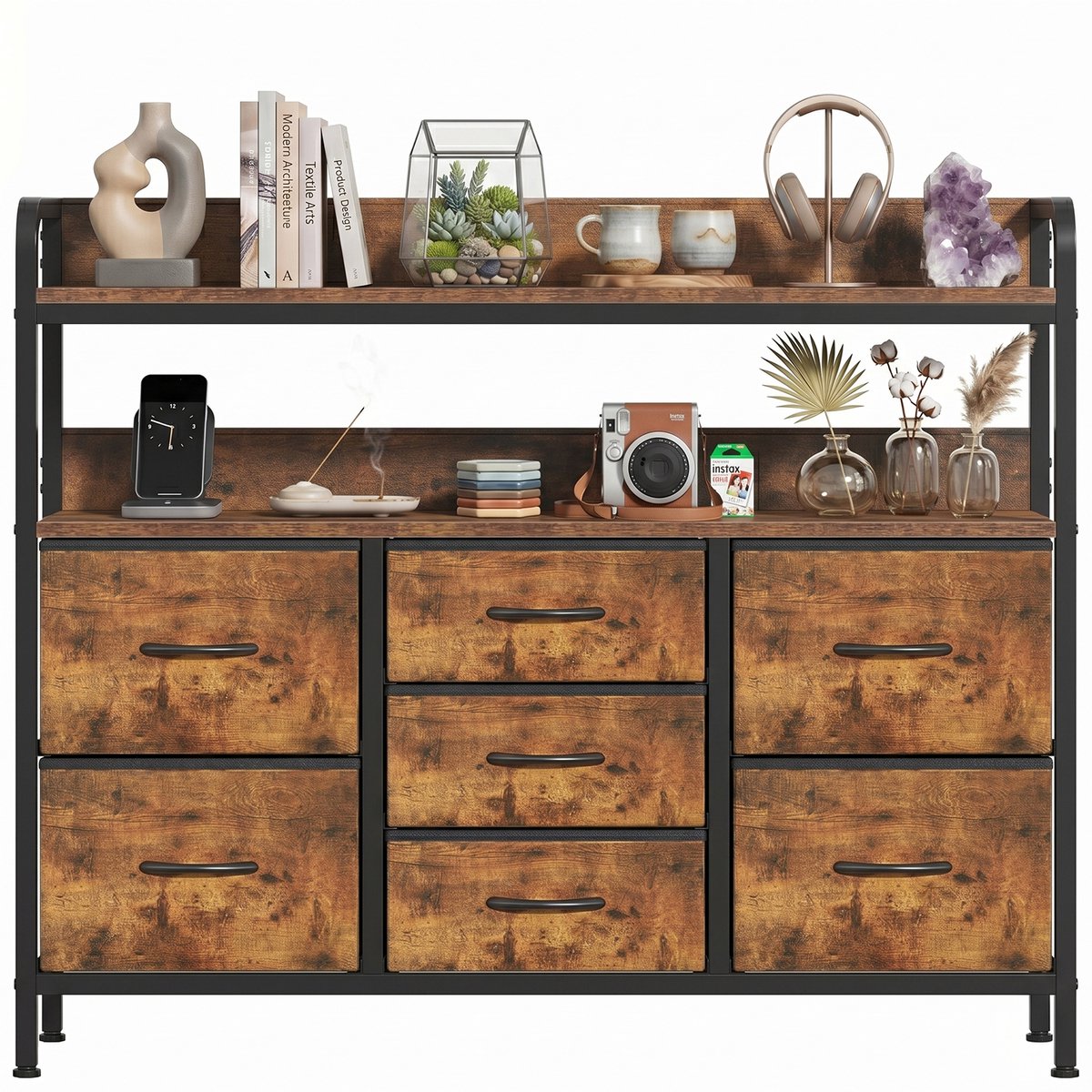 Stoffen Ladekast met 7 Laden-100x30x76cm Opbergkast-Multifunctionele Kast met Open Vak-Slaapkamer Woonkamer Kast-Metalen Frame MDF Bovenblad-Vintage Stoffen Ladenkast-Opbergmeubel