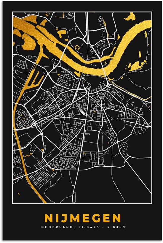 Poster 20x30 cm - Plattegrond - Nijmegen - Goud - Zwart - Posters - Kamer decoratie - Wanddecoratie woonkamer - Muurdecoratie slaapkamer