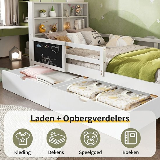 Wit kinderbed met opbergvakken, inclusief pictogrammen voor kleding, dekens, speelgoed en boeken.