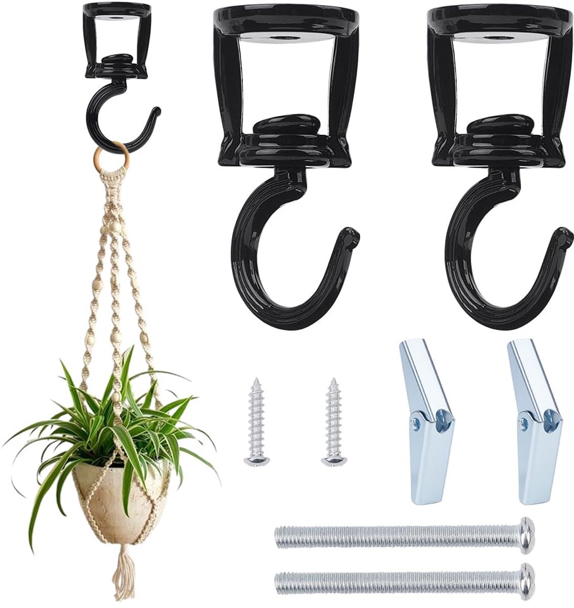 2 Sets Plafond Haken voor Hangende Planten Legering Zwart Heavy Duty Metalen Plant Hanger Haak Swivel Plafond Haken Met Schroef Opknoping Birdfeeders Lampen Planters Indoor Outdoor Muur