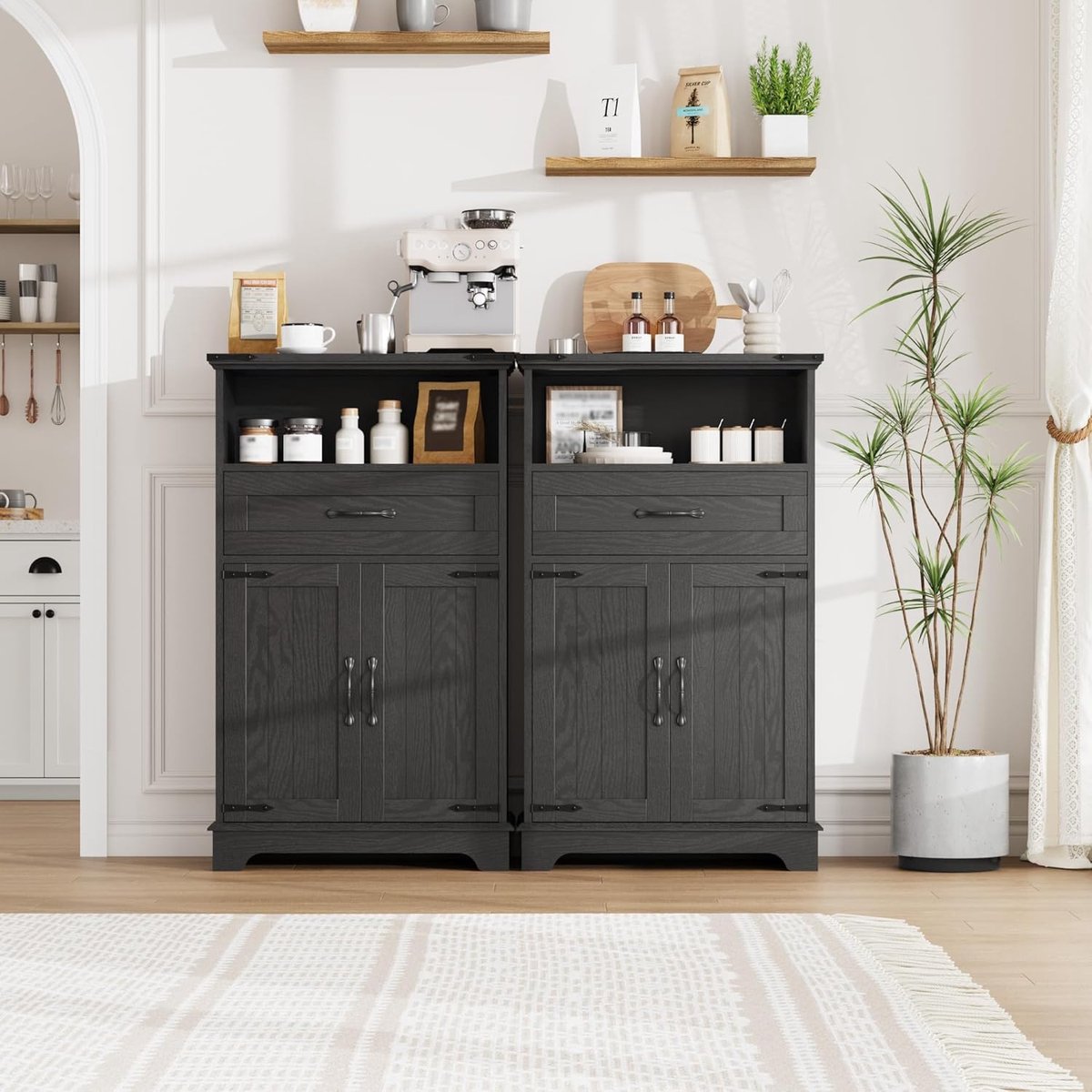 Set van 2 opbergkasten in landhuisstijl – met deuren en lades – Vrijstaande badkamerkast – Multifunctionele opbergkast voor keuken, woonkamer en slaapkamer – 102×60×30 cm – Zwart
