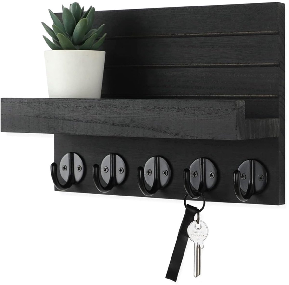 Sleutelrek met plank, modern sleutelbord, hout, zwart, sleutelhouder muur met 5 sleutelhaken en wandkapstok, voor hal, entree, kantoor, slaapkamer, woonkamer