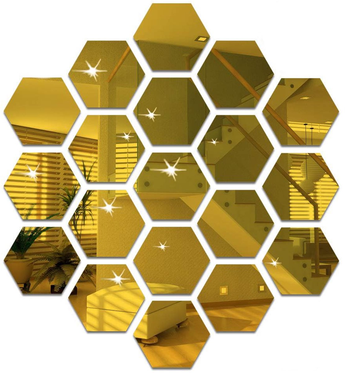 12 Stuks Honingraat Muur Spiegel Sticker - Gouden Acryl Muurstickers voor Badkamer, Thuis, Slaapkamer, Woonkamer Decor