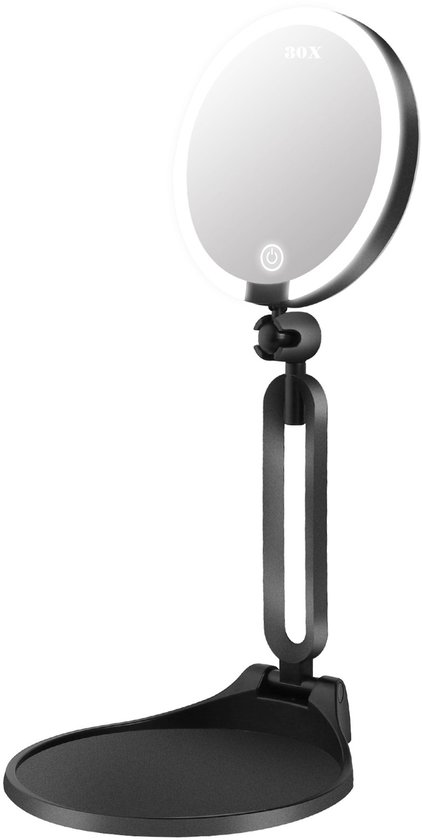 Zwarte 30x vergrotende make-upspiegel met LED-verlichting en verstelbare arm.
