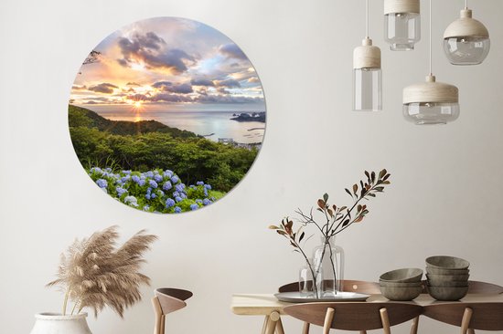 WallCircle - Cercle mural - Cercle mural - Vue mer et hortensias - Aluminium - Dibond - 120x120 cm - Intérieur et Extérieur XXL