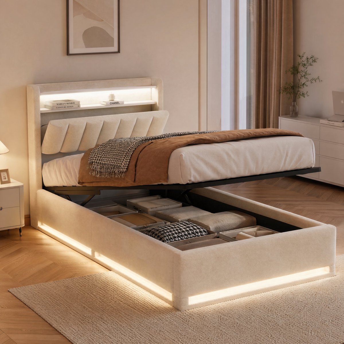 SHOPENTRA Fluwelen zweefbed 90x200 cm crème met RGB LED, opberghoofdbord en USB laadstation