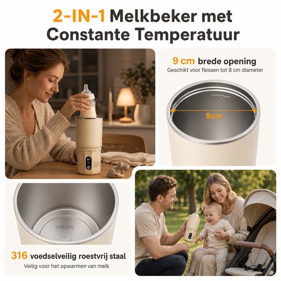 Draagbare Flessenwarmer 2-in-1 - 400ml Baby Waterwarmer - 10.400mAh Accu - 37-70°C Temperatuurregeling - 24u Warmhoudfunctie - USB-C Oplaadbaar - Beige — afbeelding 2