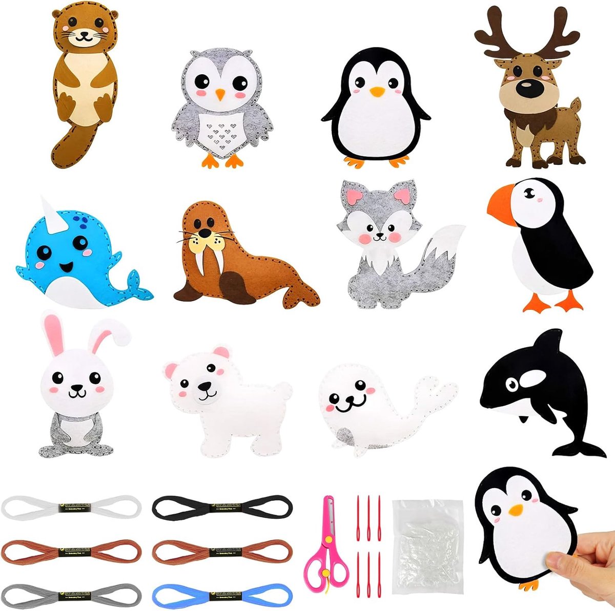 12 stuks naaiset voor kinderen, vilten dieren, naaiset, knutselset voor vanaf 6 jaar en beginners, naaien kinderen, viltset met borduurgaren, plastic naalden, vulwatten (pooldieren)