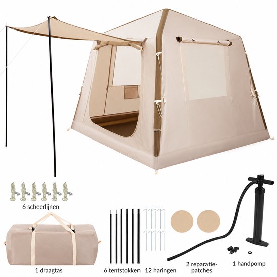 Een beige opblaasbare tent met luifel, compleet met alle toebehoren: draagtas, 6 scheerlijnen, 6 tentstokken, 12 haringen, 2 reparatiepatches en 1 handpomp.