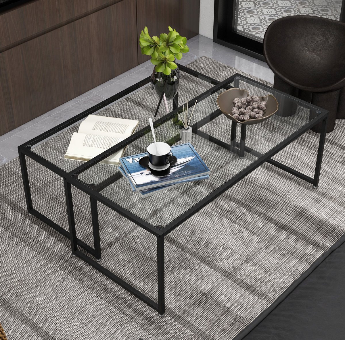 MEUNIQ salontafel set van 2 met glazen blad en zwart stalen frame, stapelbare bijzettafels 119 x 56 x 44,5 cm, rechthoekige tafels voor woonkamer of slaapkamer