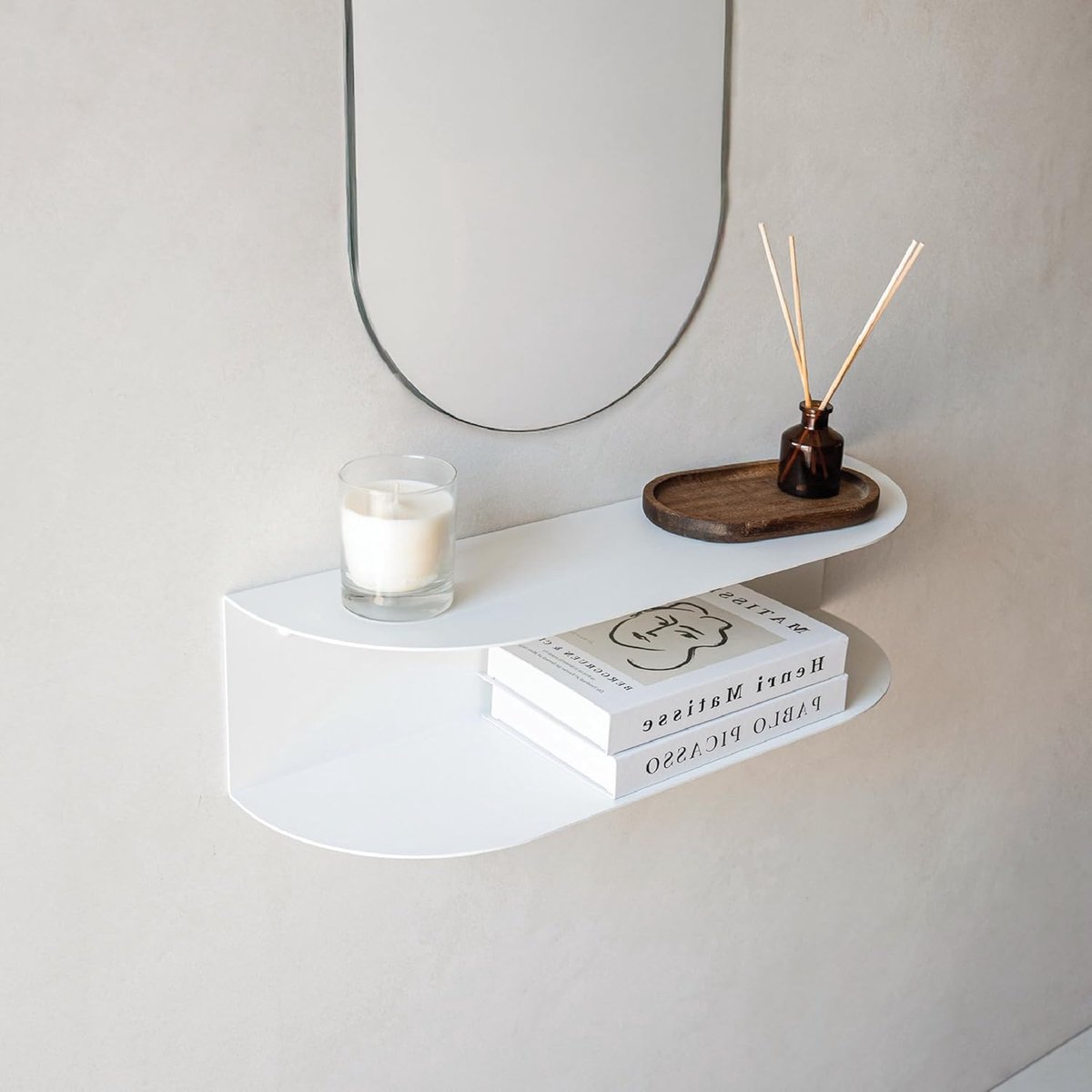 Zwevende Consoletafel van Metaal Wit 60 cm | Smalle Wandtafel met 2 Planken | Ook als Sminktafel, Nachtkastje of Wandplank – Model Ovva