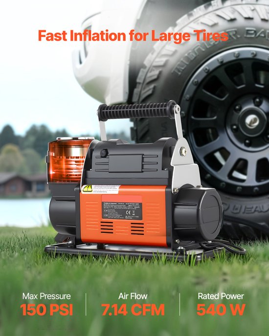 Draagbare Luchtcompressor met Automatische Uitschakeling,LCD-scherm, 202 l/min, 10,3 bar, Luchtpomp met Adapters voor Vrachtwagens, Auto's, SUV's, Terreinwagens en Campers — afbeelding 5