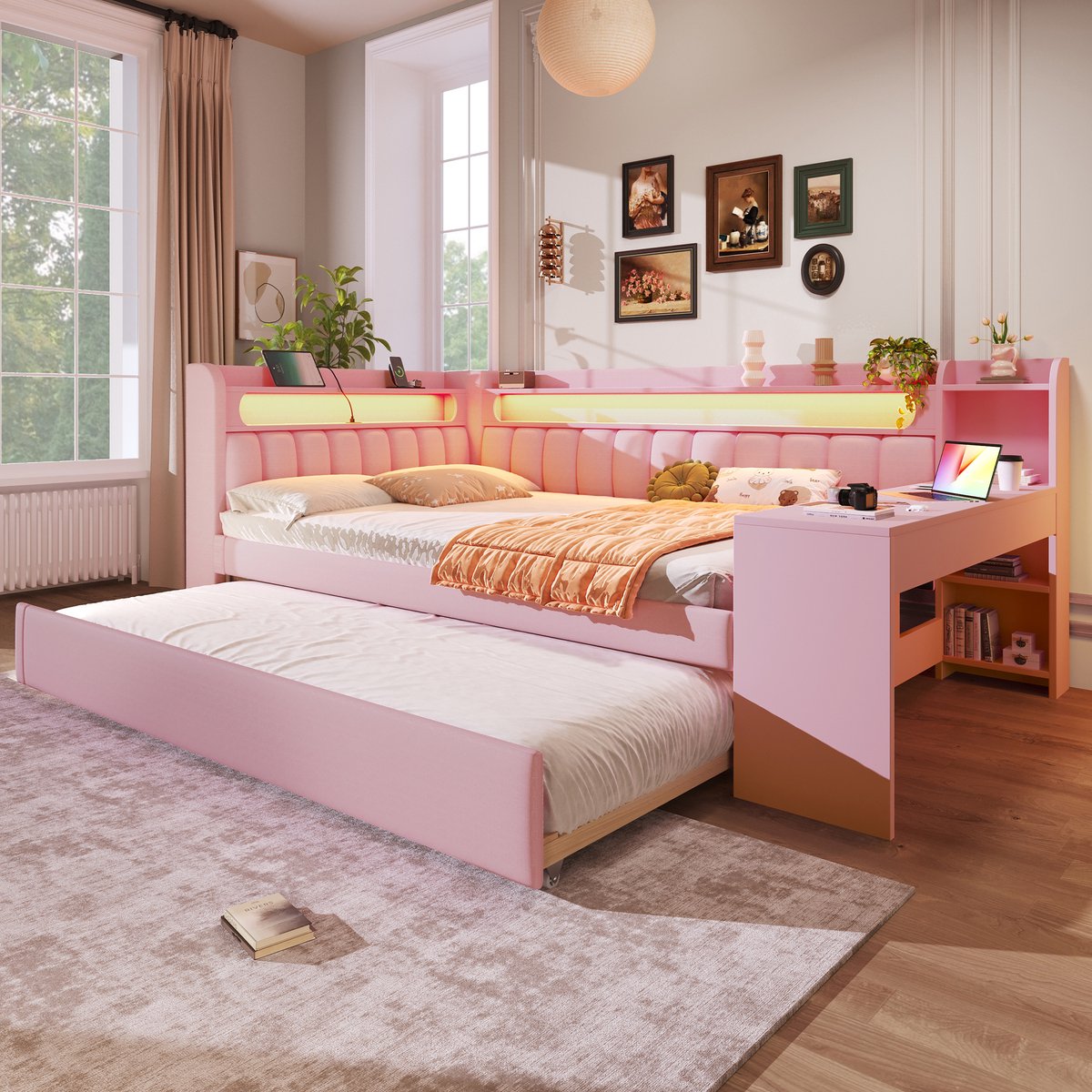 Slaapbank 140x200 cm - Gestoffeerd bed 140x200 cm - Tweepersoonsbed 140x200 cm - Met LED verlichting - USB aansluiting - lade - Roze