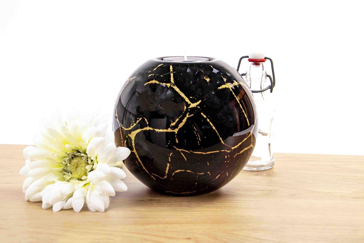 Urn Waxinelichthouder - Zwart Met Bladgoud 14cm - Voor Huisdier, Kat, Hond of As - Klein Formaat