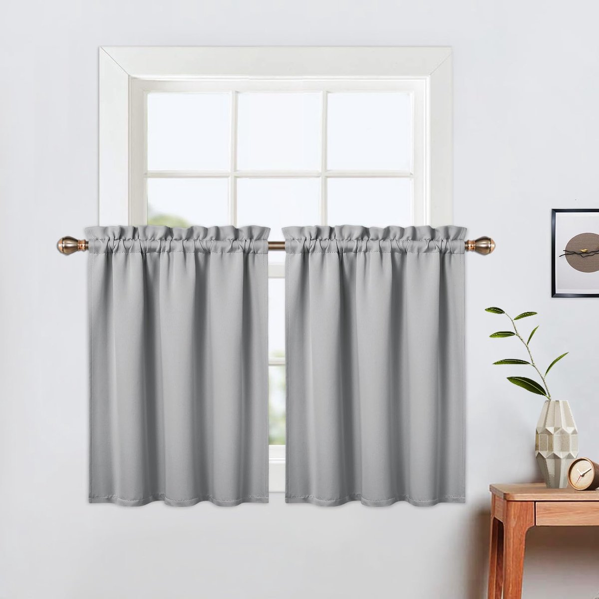 Gordijnen voor badkamer, 61 cm lang, met roedezak voor 2 panelen, lichtblokkerende gordijnen voor kleine ramen en keuken, lichtgrijs