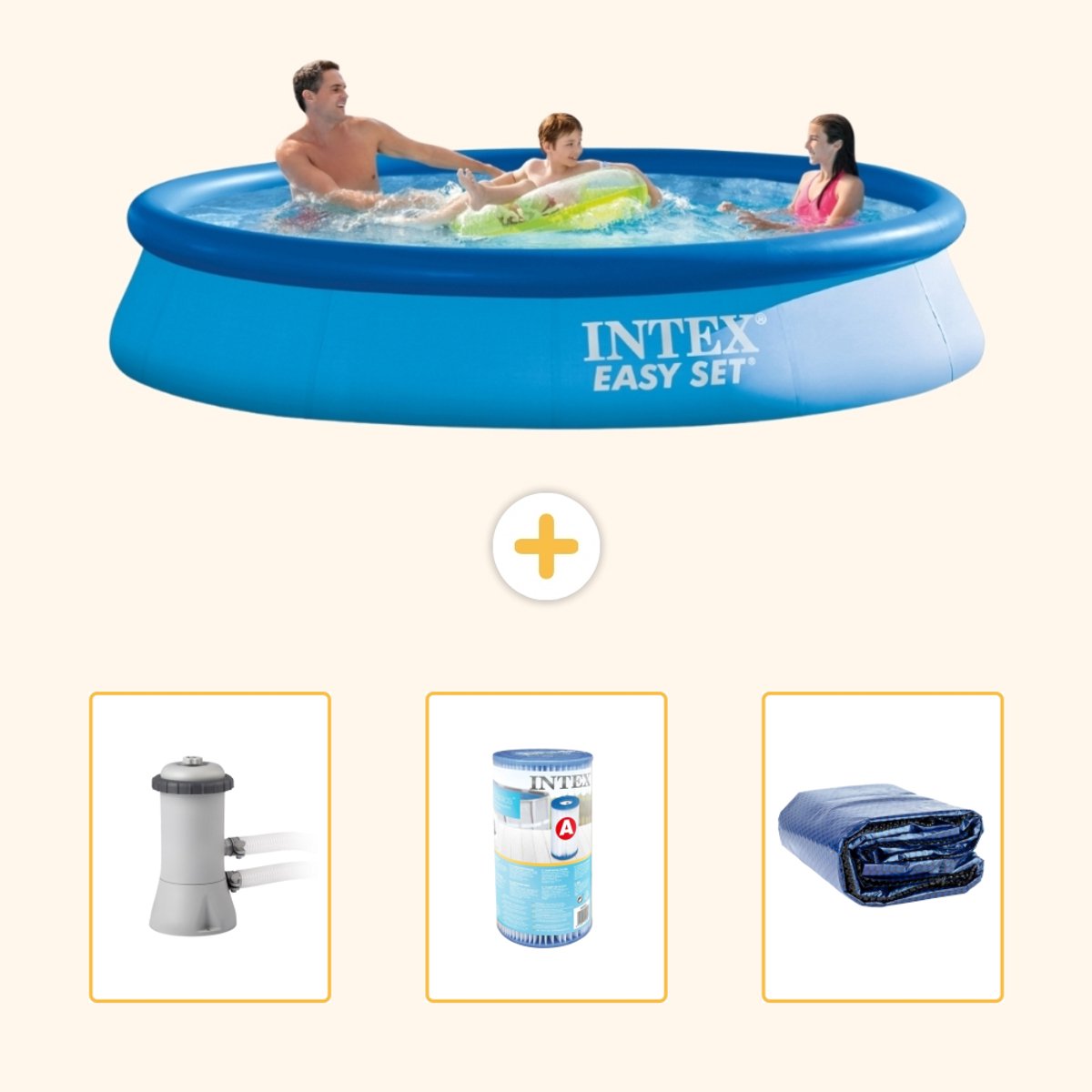 Intex Rond Opblaasbaar Easy Set Zwembad – 366 x 76 cm – Blauw – Inclusief Pomp – Filter – Solarzeil – 4-delig