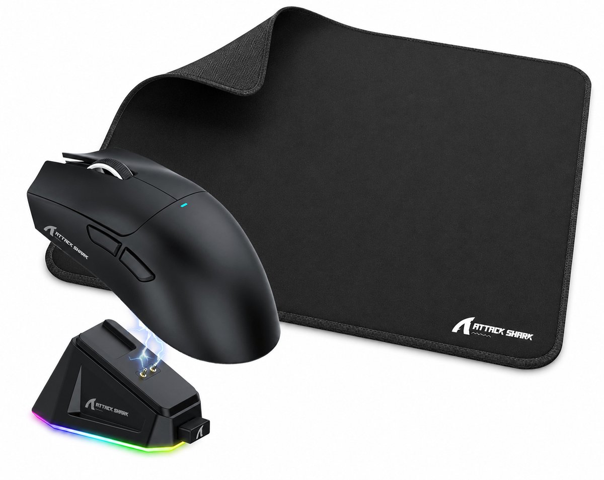 ATTACK SHARK Muis Bundel - Draadloze RGB Gaming Muis + XL Gaming Muismat - 22.000 DPI - PAW3311 Sensor - 450x400 mm - Zwart