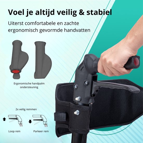 Ergonomische handvatten met polsondersteuning en loop- en parkeerremmen.
