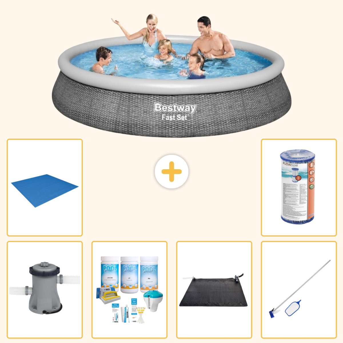 Bestway Rond Opblaasbaar Fast Set Zwembad - Rotanprint - 396 x 84 cm - Inclusief Pomp - Onderhoudspakket - Solar Mat - Schoonmaakset - Grondzeil - Filter - 7-delig